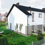 Wizualizacja projektu domu na sprzedaż w Głogowie – nowoczesny budynek z ogrodem, tarasem i prywatną przestrzenią wokół inwestycji