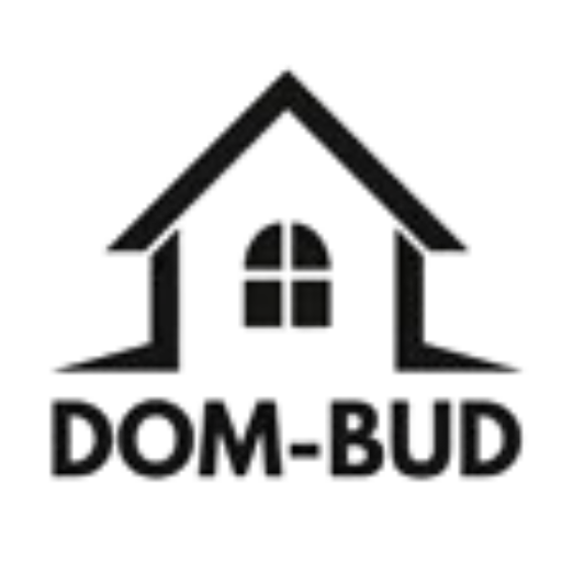 Logo DOM-BUD przedstawiające stylizowany dom – marka z branży budowlanej