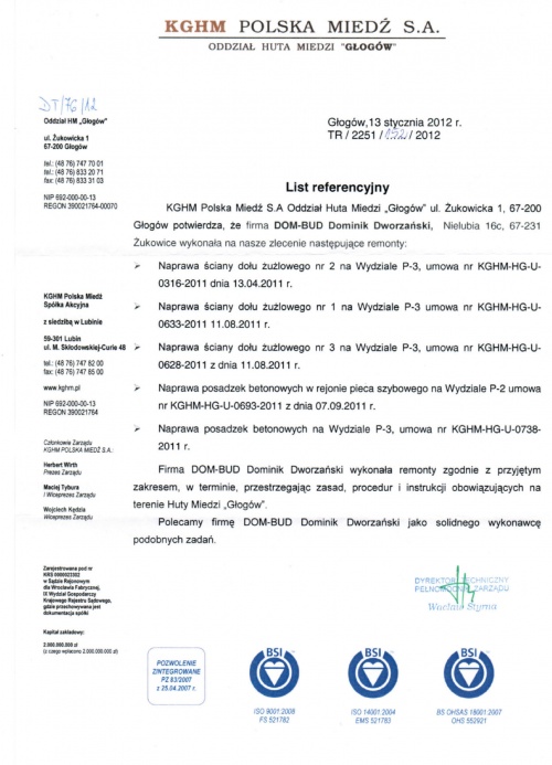 Skan referencji dla firmy DOM-BUD wystawionej przez KGHM Polska Miedź S.A. Oddział Huta Miedzi Głogów, potwierdzającej wykonanie prac remontowo-budowlanych