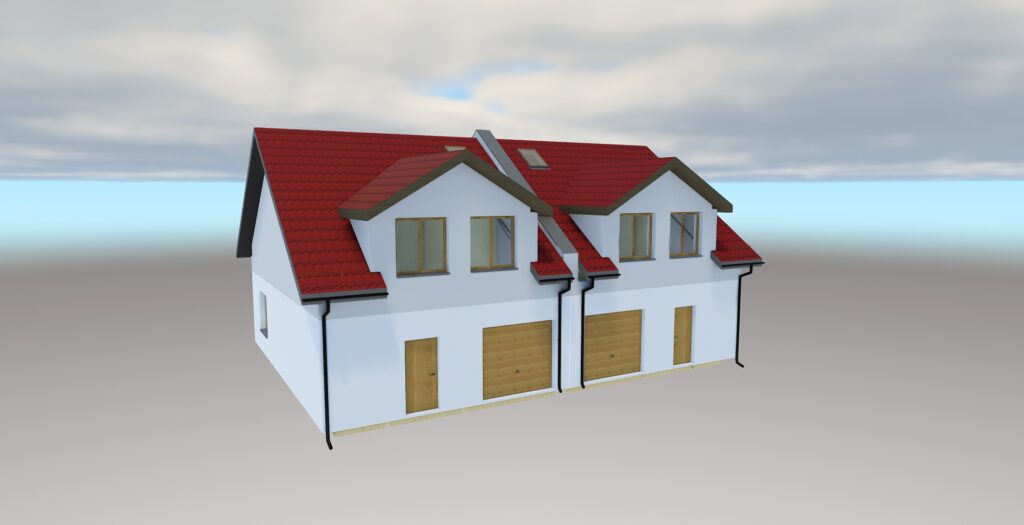 Projekt inwestycji mieszkaniowej przy ul. Słonecznej – wizualizacja domu w zabudowie bliźniaczej z jasną elewacją, czerwonym dachem, garażami oraz nowoczesną bryłą budynku