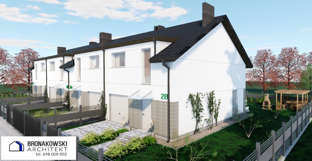 Projekt inwestycji mieszkaniowej – wizualizacja domów na sprzedaż w zabudowie szeregowej z jasną elewacją, ciemnym dachem, prywatnymi wejściami, ogrodzonym terenem oraz zagospodarowaną zielenią wokół budynków