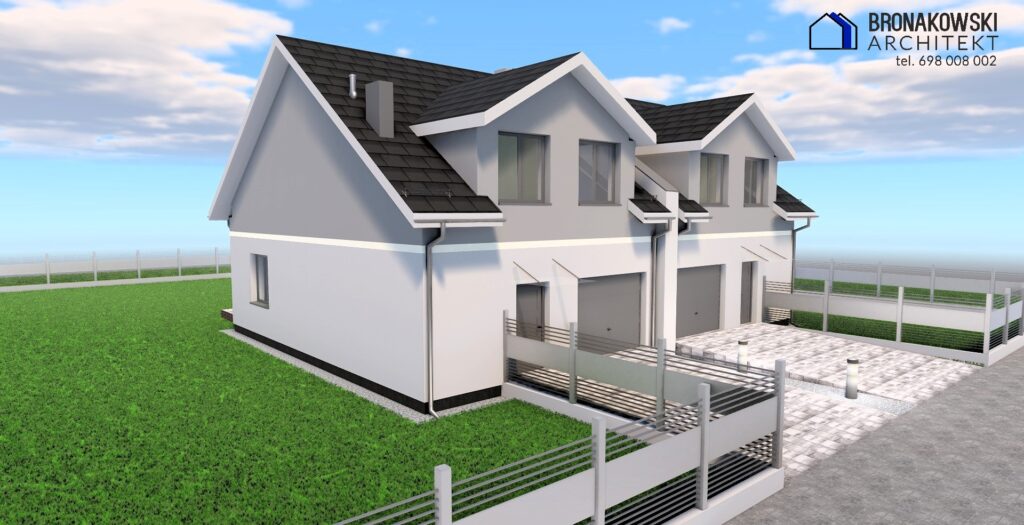 Projekt domu w zabudowie bliźniaczej – wizualizacja nowoczesnego budynku z garażami, jasną elewacją, ciemnym dachem oraz ogrodzonym terenem wokół posesji