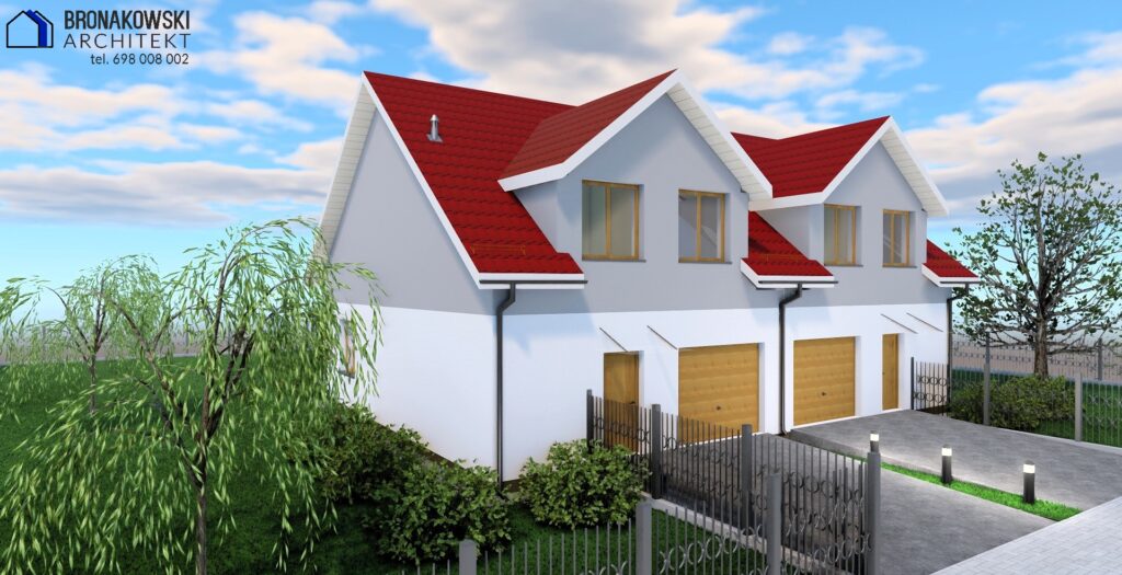 Projekt domu na sprzedaż w zabudowie bliźniaczej – wizualizacja nowoczesnego budynku z jasną elewacją, czerwonym dachem i garażami