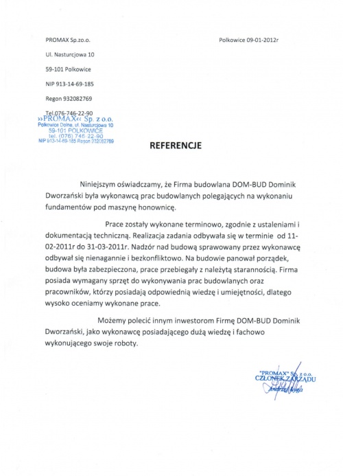 Skan referencji wystawionej przez PROMAX Sp. z o.o. dla firmy budowlanej DOM-BUD, potwierdzającej terminowe i staranne wykonanie prac budowlanych