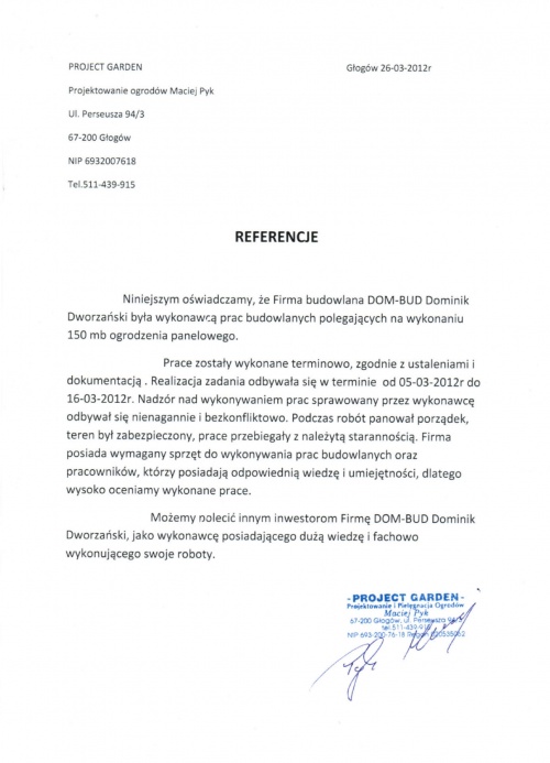 Skan referencji wystawionej przez Project Garden dla firmy budowlanej DOM-BUD, potwierdzającej terminowe i staranne wykonanie ogrodzenia panelowego