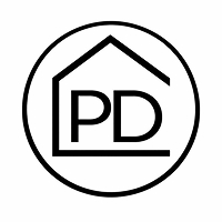 Logo PD przedstawiające stylizowany dom w okrągłej ramce