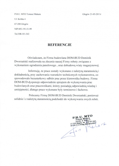 Skan referencji wystawionej przez P.H.U. MTO dla firmy budowlanej DOM-BUD, potwierdzającej staranne wykonanie ogrodzenia panelowego oraz dobudowy wiaty magazynowej