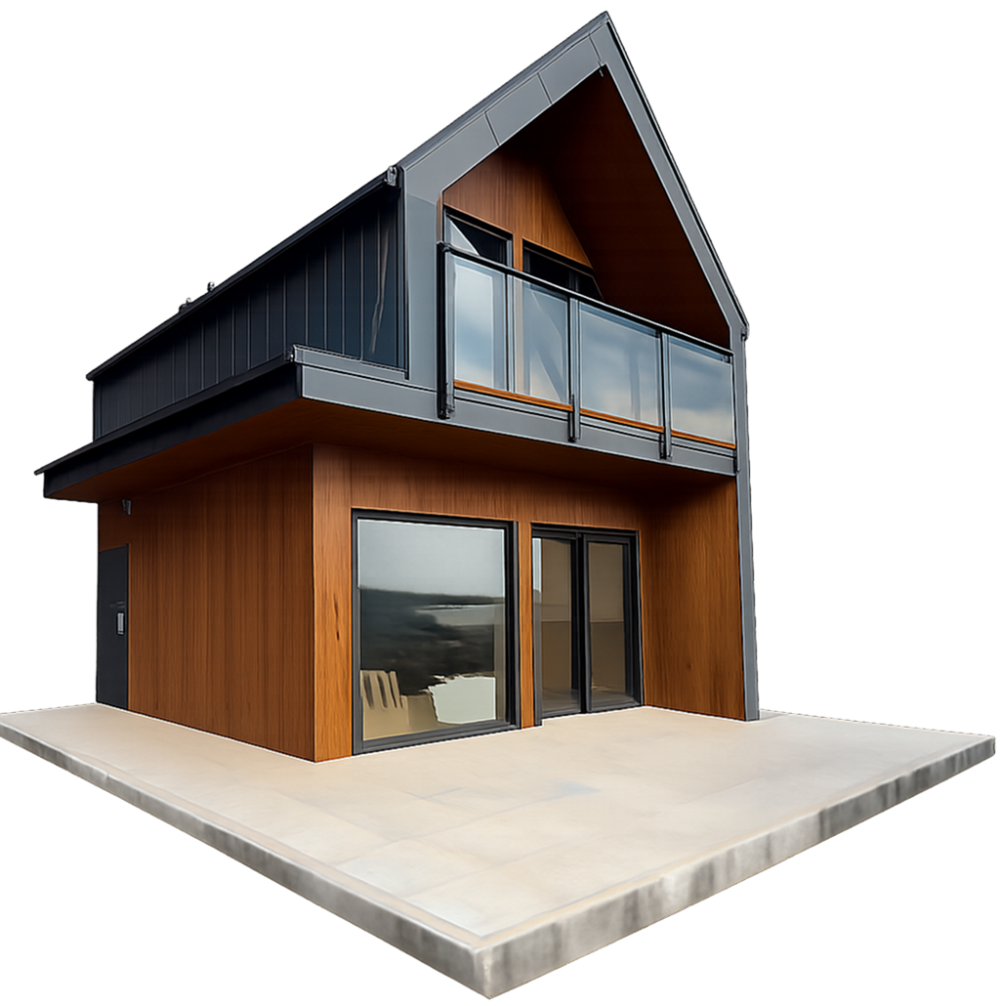 Nowoczesny projekt domu o minimalistycznej bryle z grafitową elewacją, drewnianym wykończeniem, dużymi przeszkleniami oraz balkonem ze szklaną balustradą